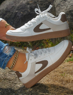 Coffee & Ivory PU Leather Lace Up Sneakers