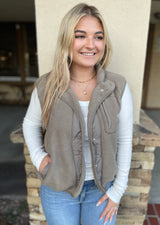 Olive Soft Thermal & Fleece Button Up Vest w/Pockets
