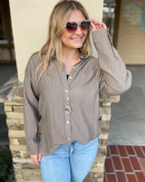 Mocha Oversized Button Down Long Sleeve Top