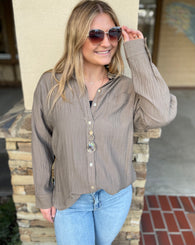 Mocha Oversized Button Down Long Sleeve Top