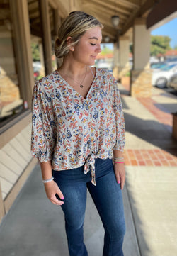 Boho Off White & Rust 3/4 Sleeve V-Neck Front Tie Top