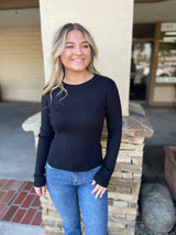 Black Ribbed Long Sleeve Crewneck Sweater Top