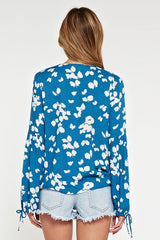 Ocean Blue & White Butterfly Pattern Wrap Top w/Tie Sleeves by Lovestitch