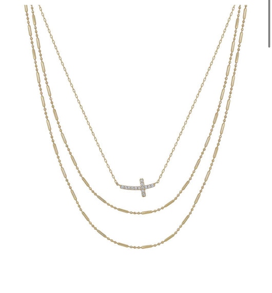 Sideways CZ Cross on Three Layer Gold Chain Necklace