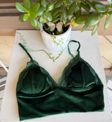 Green Velvet Bralette Top w/Lace Trim and Adjustable Straps