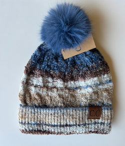 Blues & Browns CC Brand Stripe Pom Pom Beanie w/Fold Over Cuff