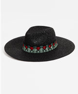 Black Flat Brim Straw Sunhat w/Feather Design Band & Adjustable Fit