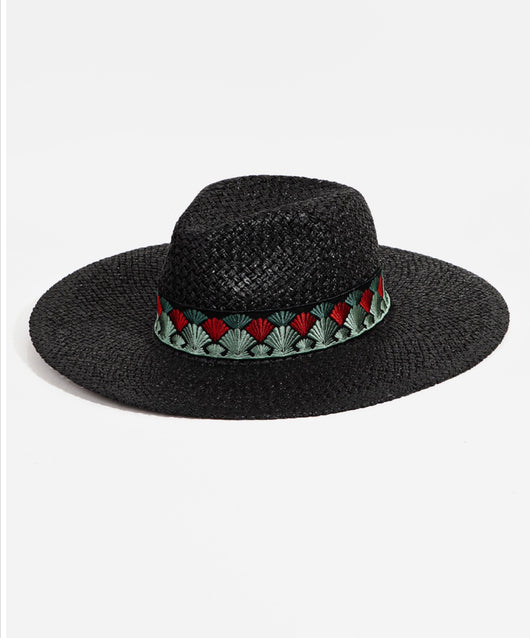 Black Flat Brim Straw Sunhat w/Feather Design Band & Adjustable Fit