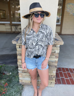 Ecru & Black Tropical Leaf Print Button Down Short Sleeve Shirt
