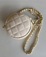 Cream Quilted Small Round Purse w/Gold Chain & Cream Leather Strap