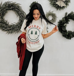 Merry Christmas Trees Smiley Face Ivory Graphic Tee