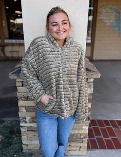 Teddy Soft Olive Tone Stripe Hoodie Zip Up Jacket w/Pockets