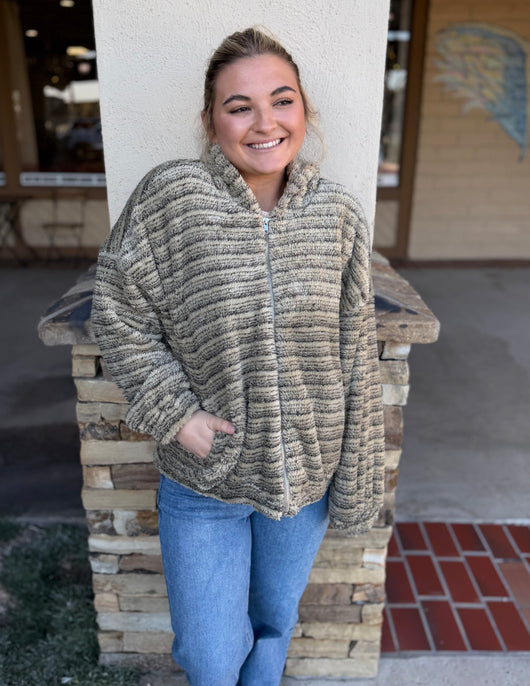 Teddy Soft Olive Tone Stripe Hoodie Zip Up Jacket w/Pockets