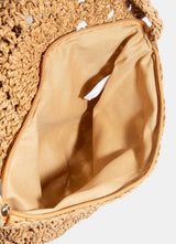 Tan Straw Flap Over Crossbody Purse w/Zipper Closure