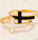 Black Enamel & Gold Sideways Cross Ring - Size 6.5