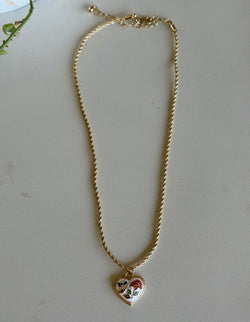 Twisted Gold Rope Chain w/Butterfly & Flower on Heart Pendant Necklace