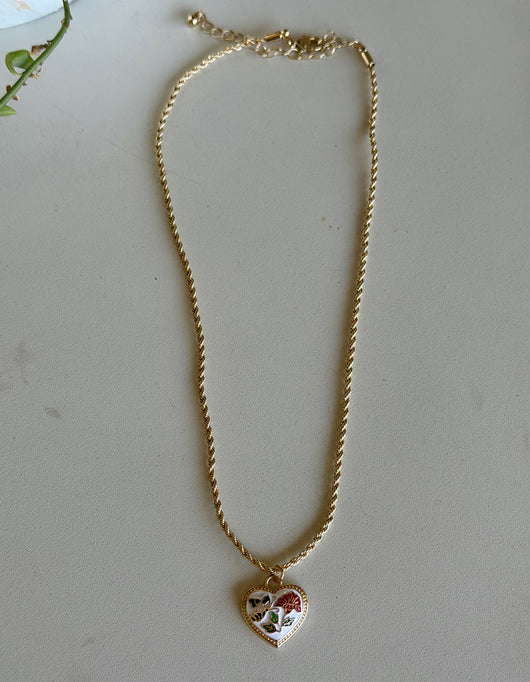 Twisted Gold Rope Chain w/Butterfly & Flower on Heart Pendant Necklace