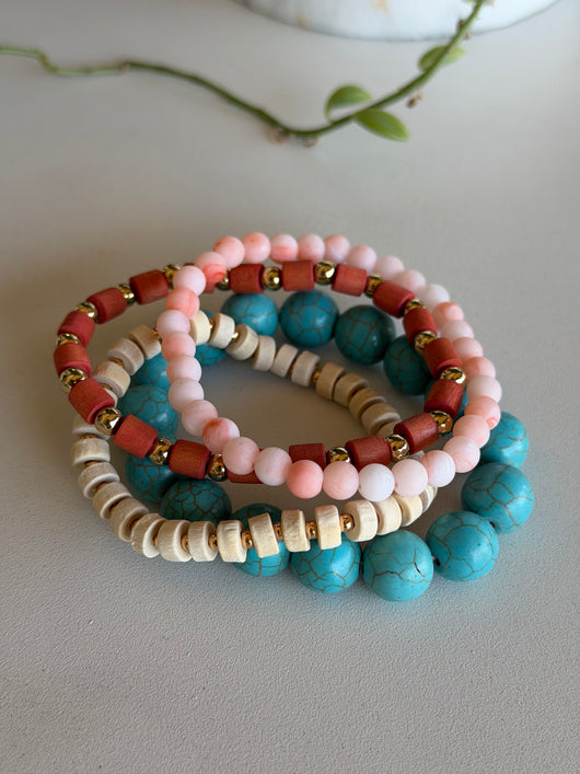 Turquoise, Coral & Cream Set of 4 Stretch Beaded Bracelets