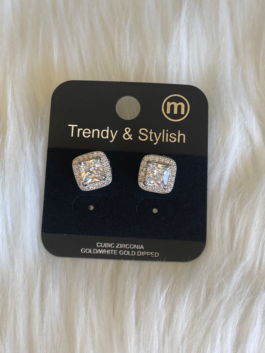 White Gold Dipped CZ Square Post Earrings