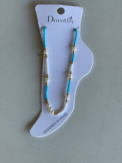 Turquoise, White & Gold Beaded Anklet