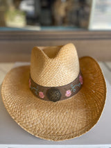 Natural Raffia Cowgirl Hat w/Pink & Teal Embroidery Band by CC Brand - Size S/M