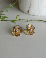 Gold Filagree Flower & Rhinestone Post Earrings