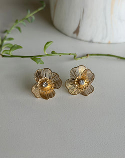 Gold Filagree Flower & Rhinestone Post Earrings