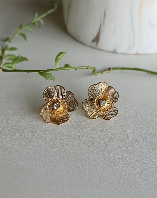 Gold Filagree Flower & Rhinestone Post Earrings