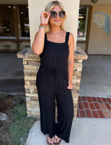 Black Flowy Leg Tank Jumper w/Drawstring Waist, Adjustable Straps and Pockets