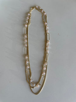 Gold Chain Link & Pink Beads Layered Necklace