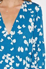 Ocean Blue & White Butterfly Pattern Wrap Top w/Tie Sleeves by Lovestitch