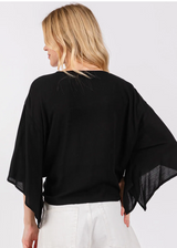 Black Gauze Front Tie 3/4 Sleeve Kimono Top