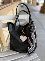 Julia Black Genuine Leather Carry All Bag w/Keychain, Leather Tie Strap & Inner Pocket