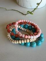 Turquoise, Coral & Cream Set of 4 Stretch Beaded Bracelets
