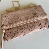 Pink Flower Design Fold Over Magnetic Purse w/Gold Chain Crossbody Strap