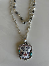 Wild Wild West Pendant on Silver Chain & Grey Bead Layered Necklace