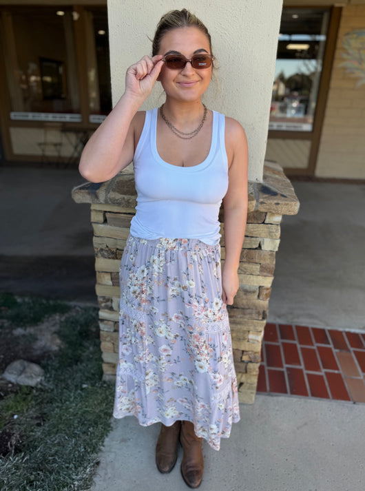 Lilac Floral Print & Lace Tiered Midi Skirt w/Elastic Waist