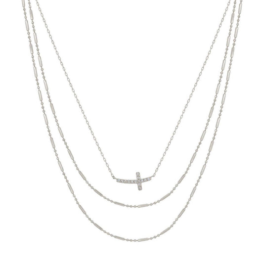 Sideways CZ Cross on Three Layer Silver Chain Necklace