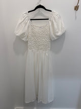 White Smocked Bodice & Bubble Sleeve Midi Dress