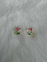 Pearl Golf Ball & Pink Flag on the Green & Gold Post Earrings