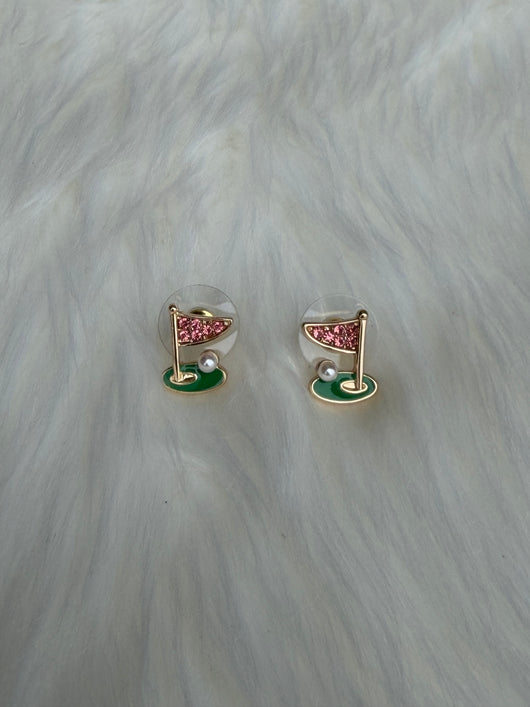Pearl Golf Ball & Pink Flag on the Green & Gold Post Earrings