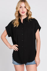 Black Relaxed Button Down Short Sleeve Top