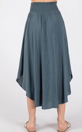 Teal Flowy Midi Skirt with Smocked Waistband, Round Hem & Pockets