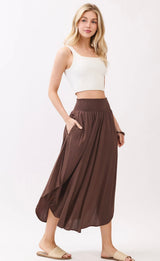 Chocolate Flowy Midi Skirt w/Pockets and Smocked Waistband