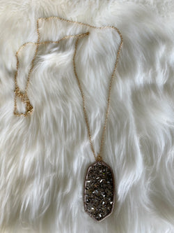 Long Gold Necklace w/Gray Glass Bead Oval Pendant