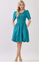 Indy Teal Smocked Bodice Puff Hemline Dress w/Pockets