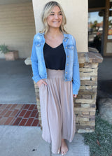 Mocha Textured Midi Skirt w/Smocked Waistband & Pockets