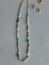 Teal & Gold Glass & Stone Beads Long Necklace and Earring Set