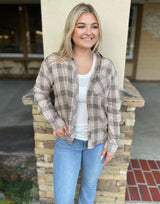Mushroom Plaid Soft Button Down Flannel Top