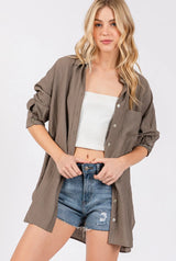 Mocha Oversized Button Down Long Sleeve Top